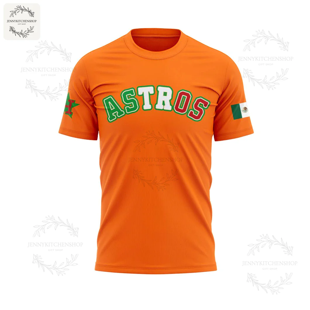 Front view of the bright orange Houston Astros Hispanic Heritage shirt with "ASTROS" in green and red and a Mexican flag on the sleeve.