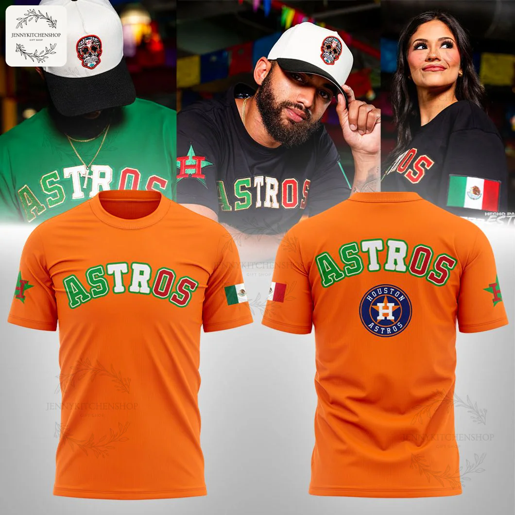 Collage of the orange Houston Astros Hispanic Heritage t-shirt with models wearing related gear celebrating the "Hecho para esto" theme.