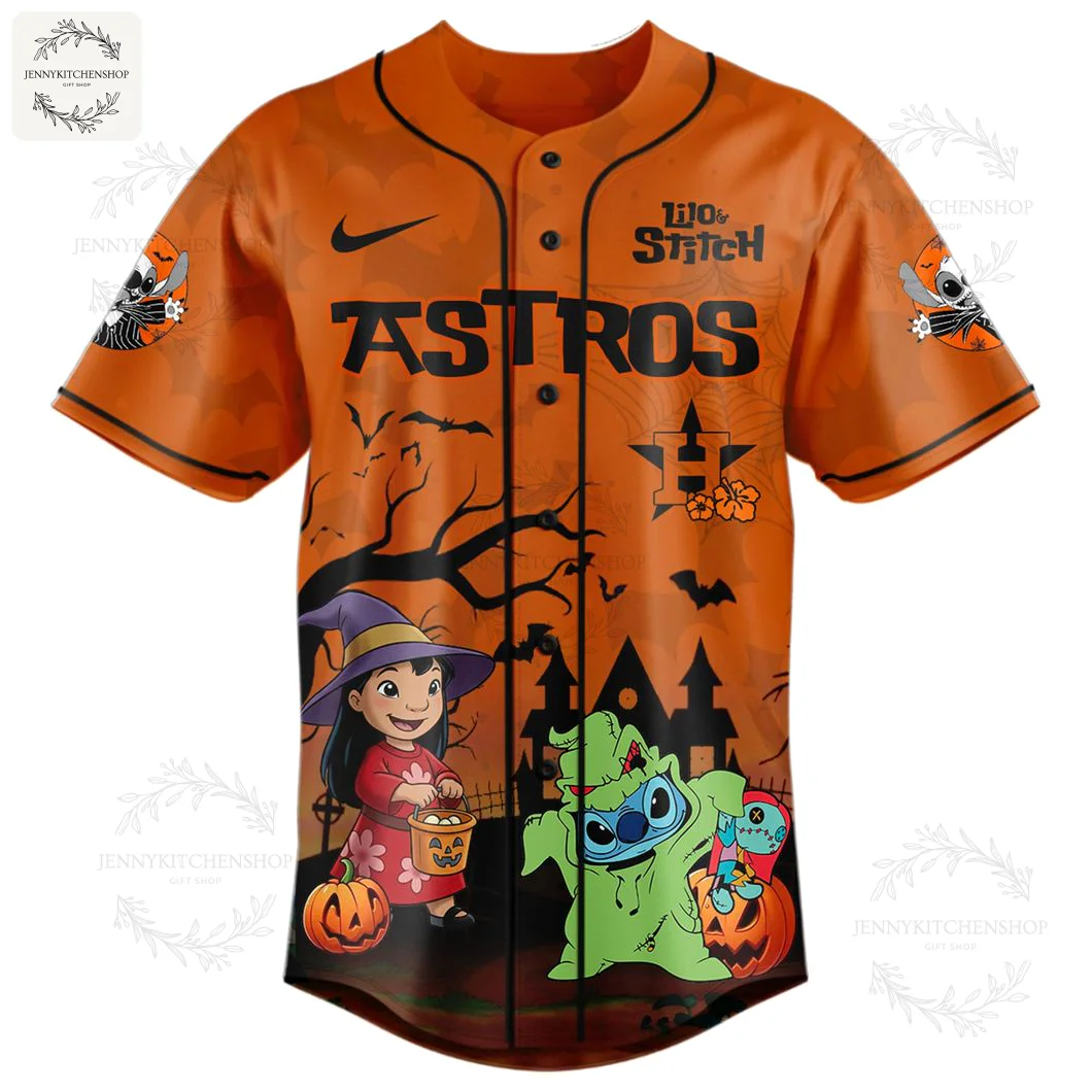 Front of the orange Houston Astros baseball jersey featuring Lilo as a witch and Stitch as a ghost in a spooky Halloween scene.