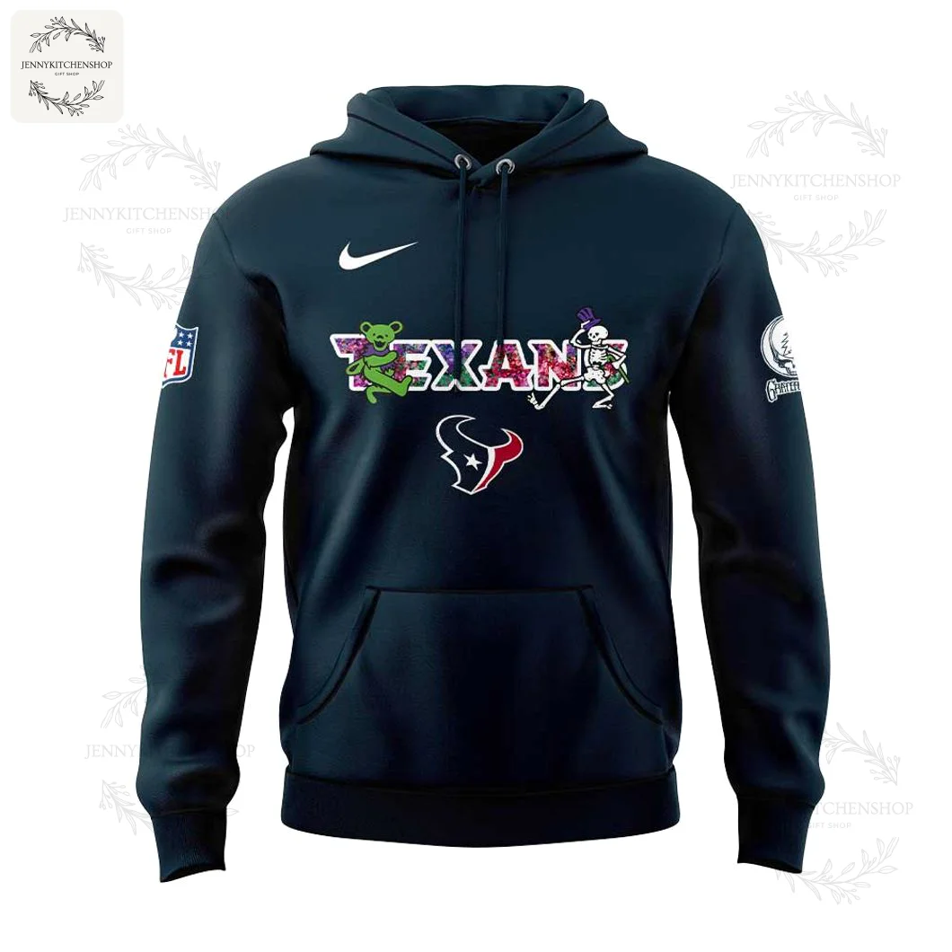 Front of the navy blue Texans Grateful Dead hoodie, featuring a stylized logo with a dancing bear and skeleton.