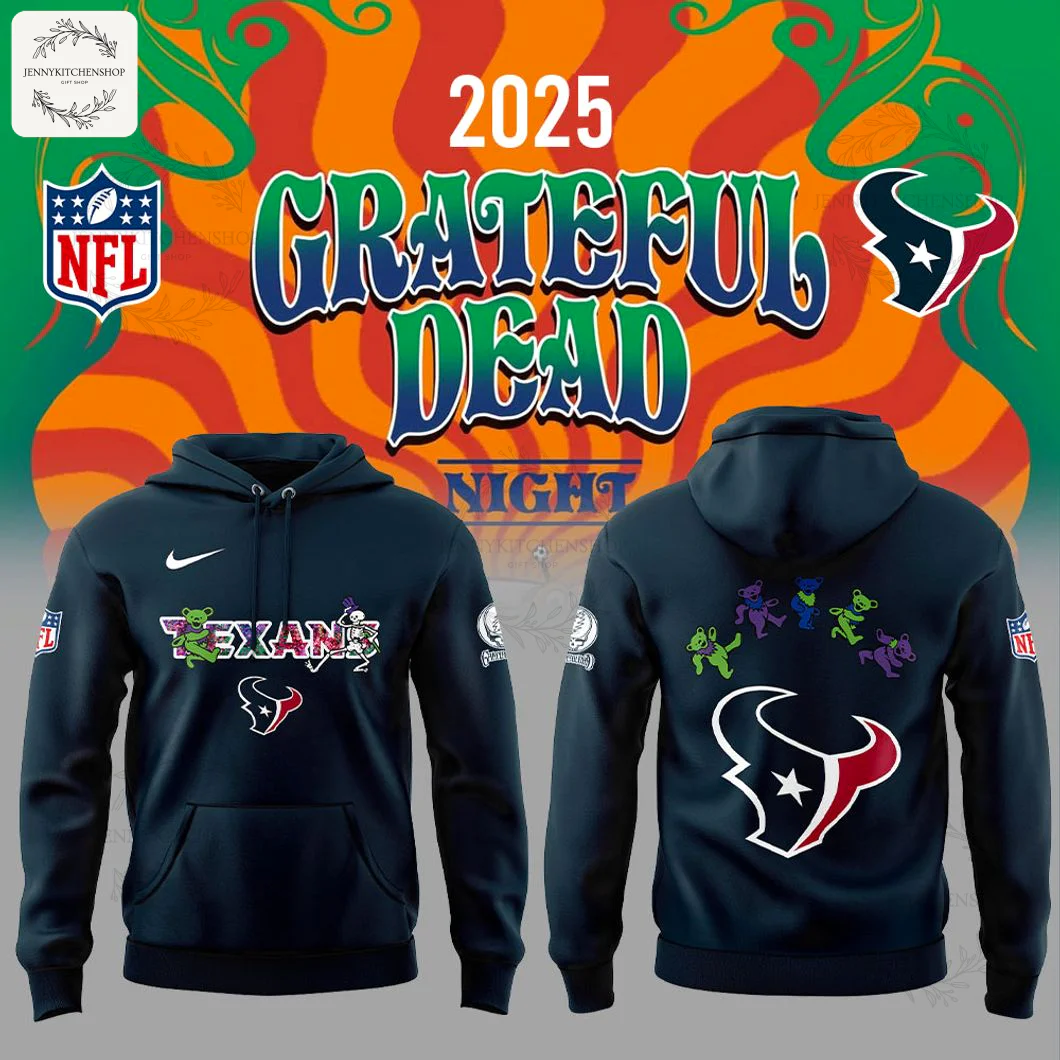 Promo image showing front and back of the Fans Texans Grateful Dead Night 2025 Hoodie with psychedelic logos and dancing bears.
