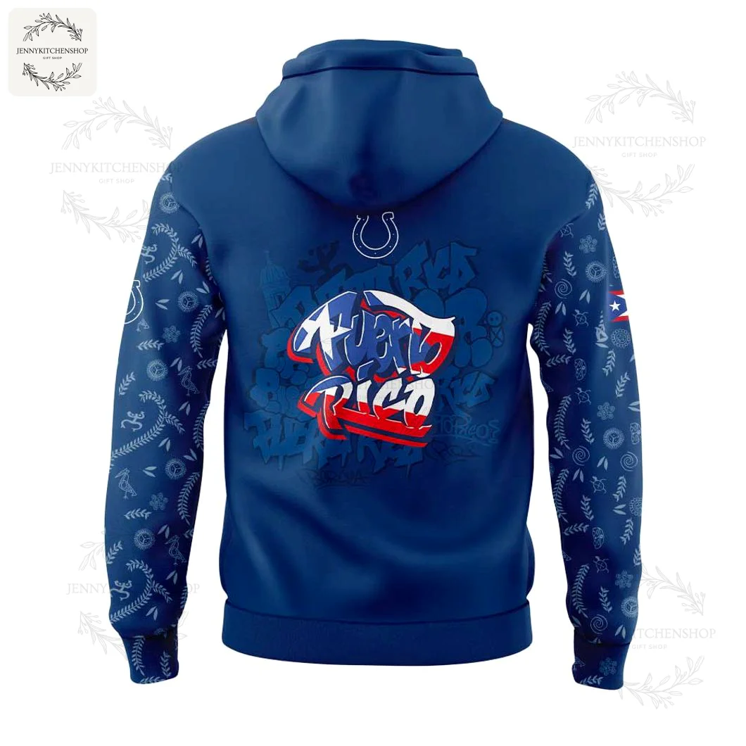 Back View of the I Colts Puerto Rican Heritage Hoodie Back of the Indianapolis Colts hoodie showing a large "Puerto Rico" graffiti graphic and patterned sleeves with the Colts horseshoe.
