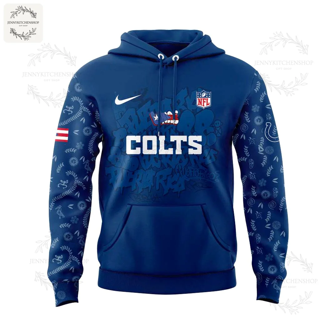 Front of the royal blue Indianapolis Colts Puerto Rican Heritage hoodie with the Colts wordmark over a graffiti-style background.