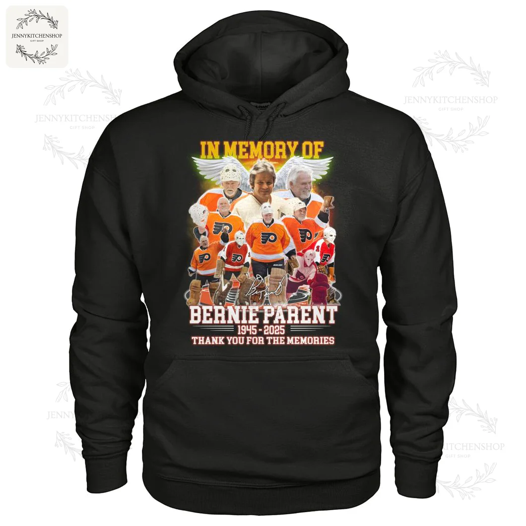 In Memory of Bernie Parent Philadelphia Flyers Thank You for Memories Hoodie Black hoodie displaying a collage of Philadelphia Flyers players and a memorial message for Bernie Parent