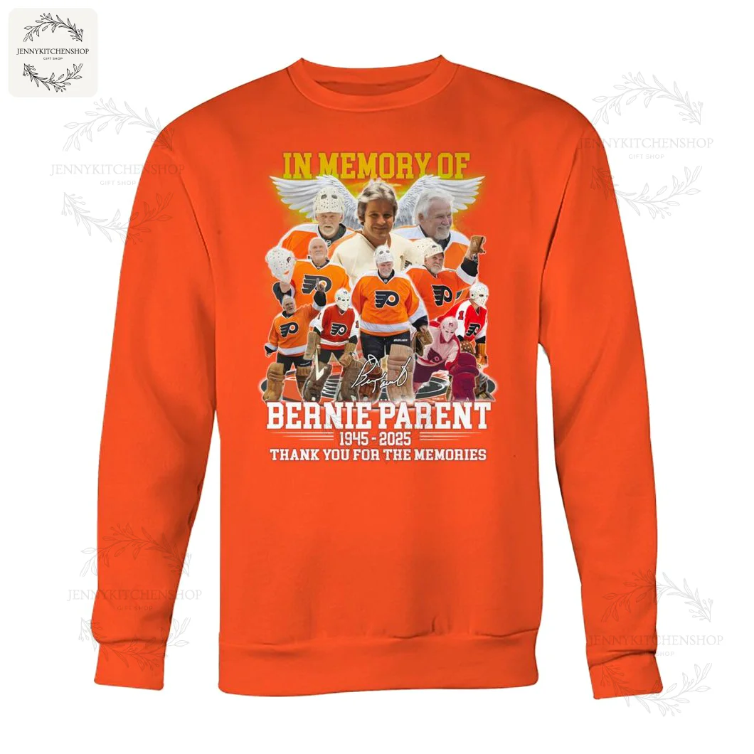 Orange sweatshirt with a collage of Philadelphia Flyers players and a memorial message for Bernie Parent