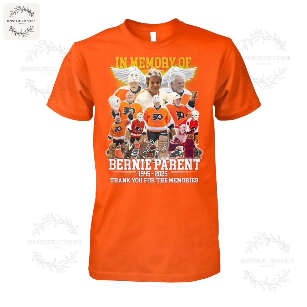 Orange t-shirt featuring a collage of Philadelphia Flyers players and memorial message for Bernie Parent