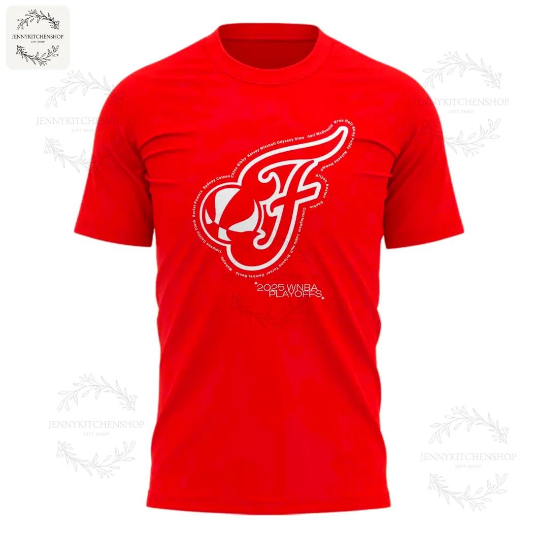 Front of the red Indiana Fever 2025 WNBA Playoffs t-shirt, showing the team's F-logo made up of player names.