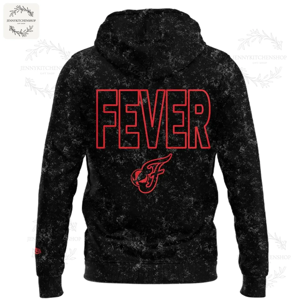 Back View of the Indiana Fever New Black Basketball Hoodie Back view of the Indiana Fever black hoodie with the word FEVER in large red block letters and a small team logo below.
