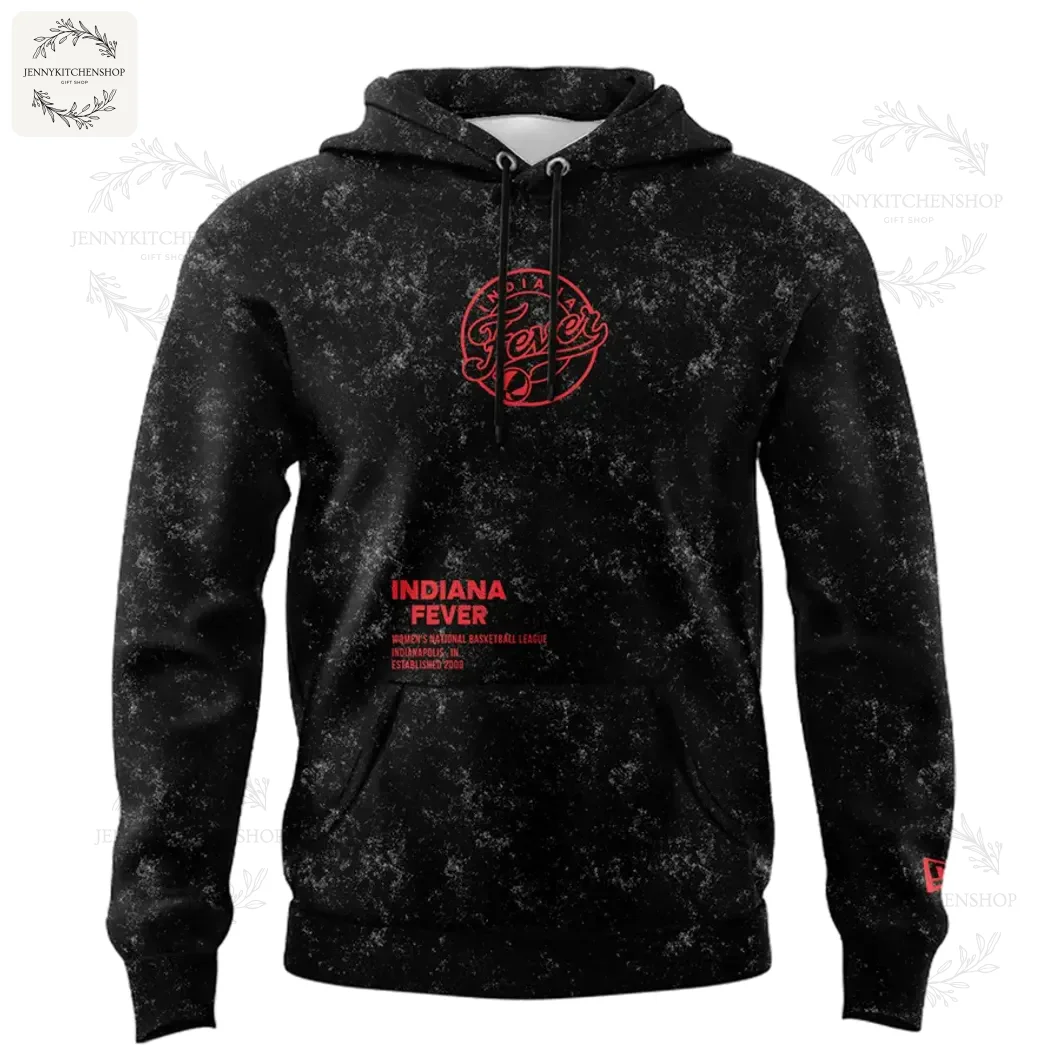 Front view of the Indiana Fever black hoodie featuring a red circular logo on the chest and a distressed fabric pattern.