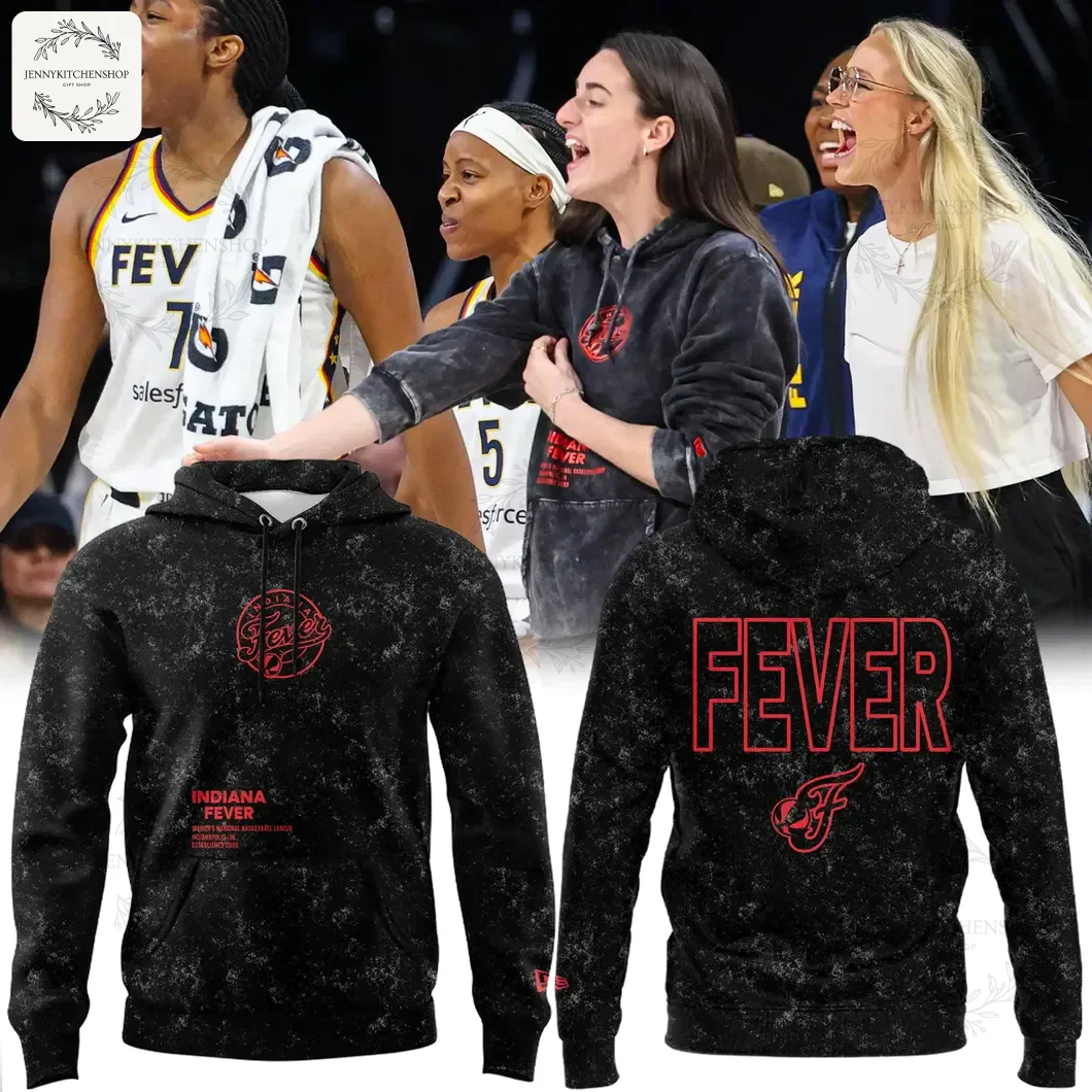 Promotional image of the Indiana Fever black hoodie, shown front and back, with team players celebrating in the background.