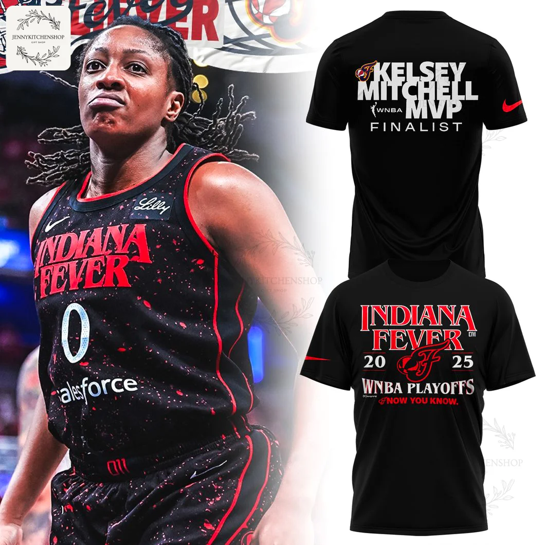 An image showcasing the Indiana Fever Kelsey Mitchell MVP T-Shirt, with a photo of Mitchell and the front and back of the black tee.