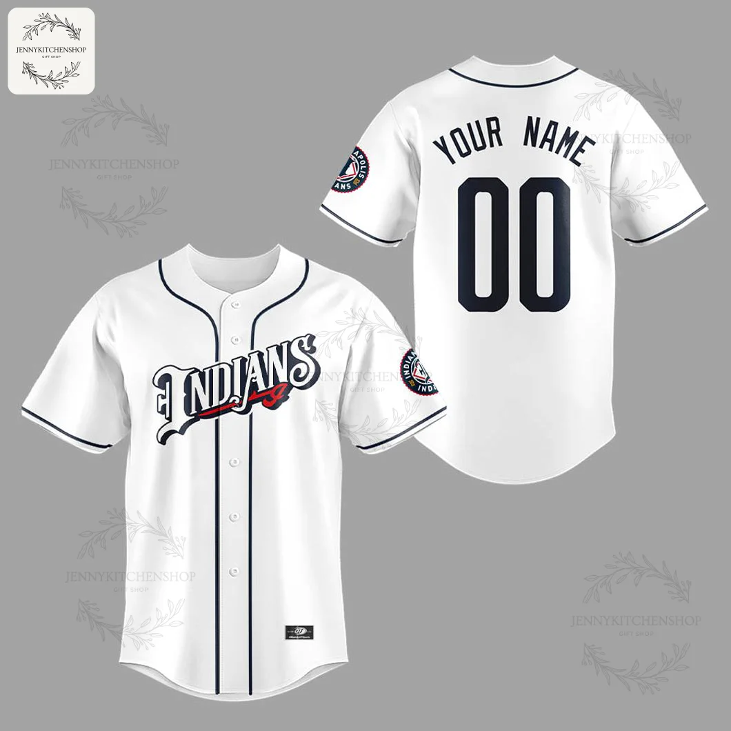 A clean mockup showing the front and back of the white Indianapolis Indians custom baseball jersey on a plain grey background.