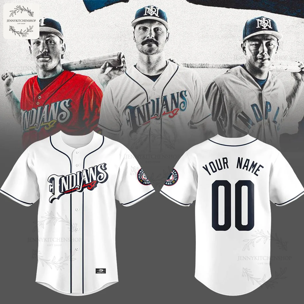 Front and back of a white Indianapolis Indians custom jersey, with three players in different team jerseys modeling in the background.