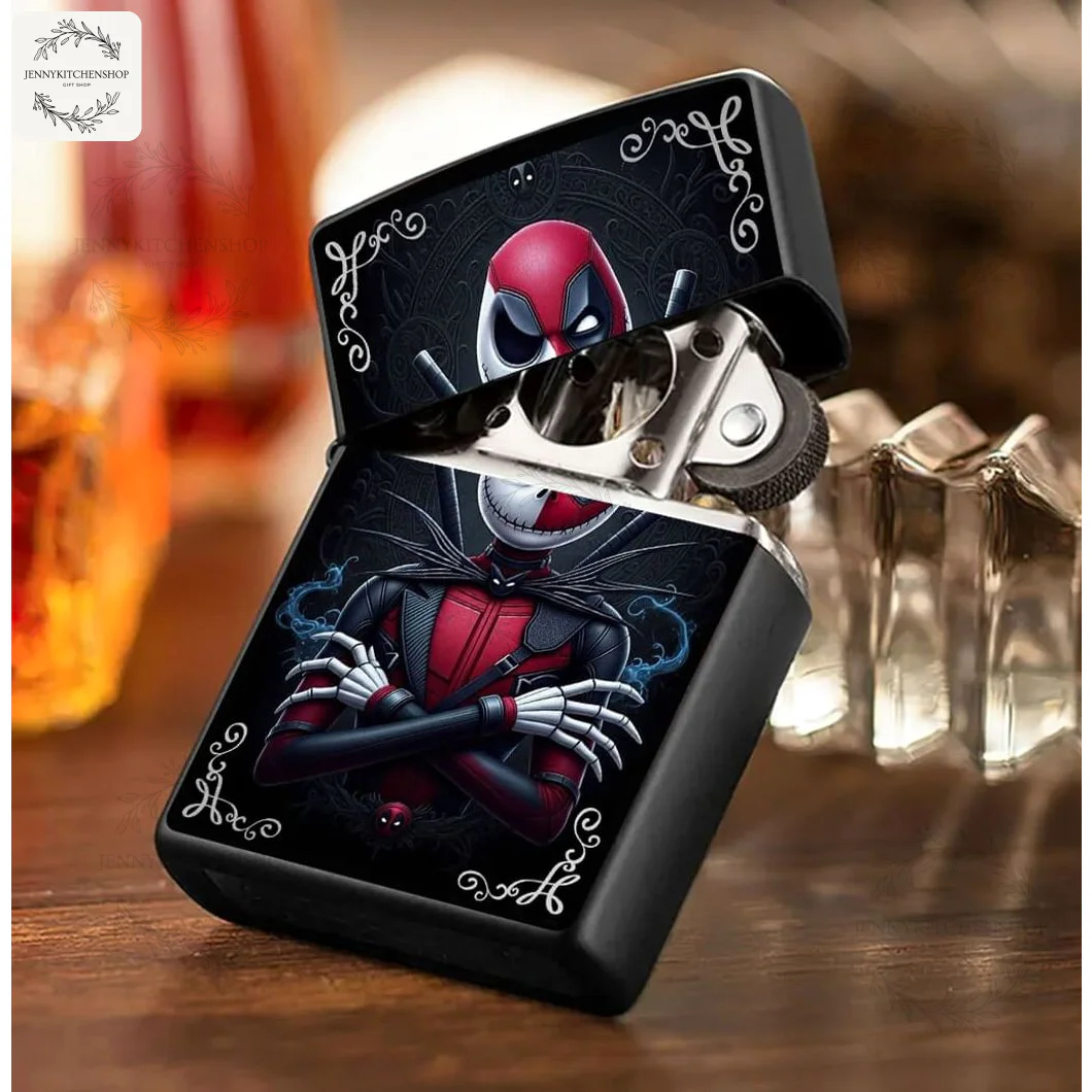 The Deadpool and Jack Skellington mashup lighter case open on a wooden surface, showing the artwork on the lid and body.
