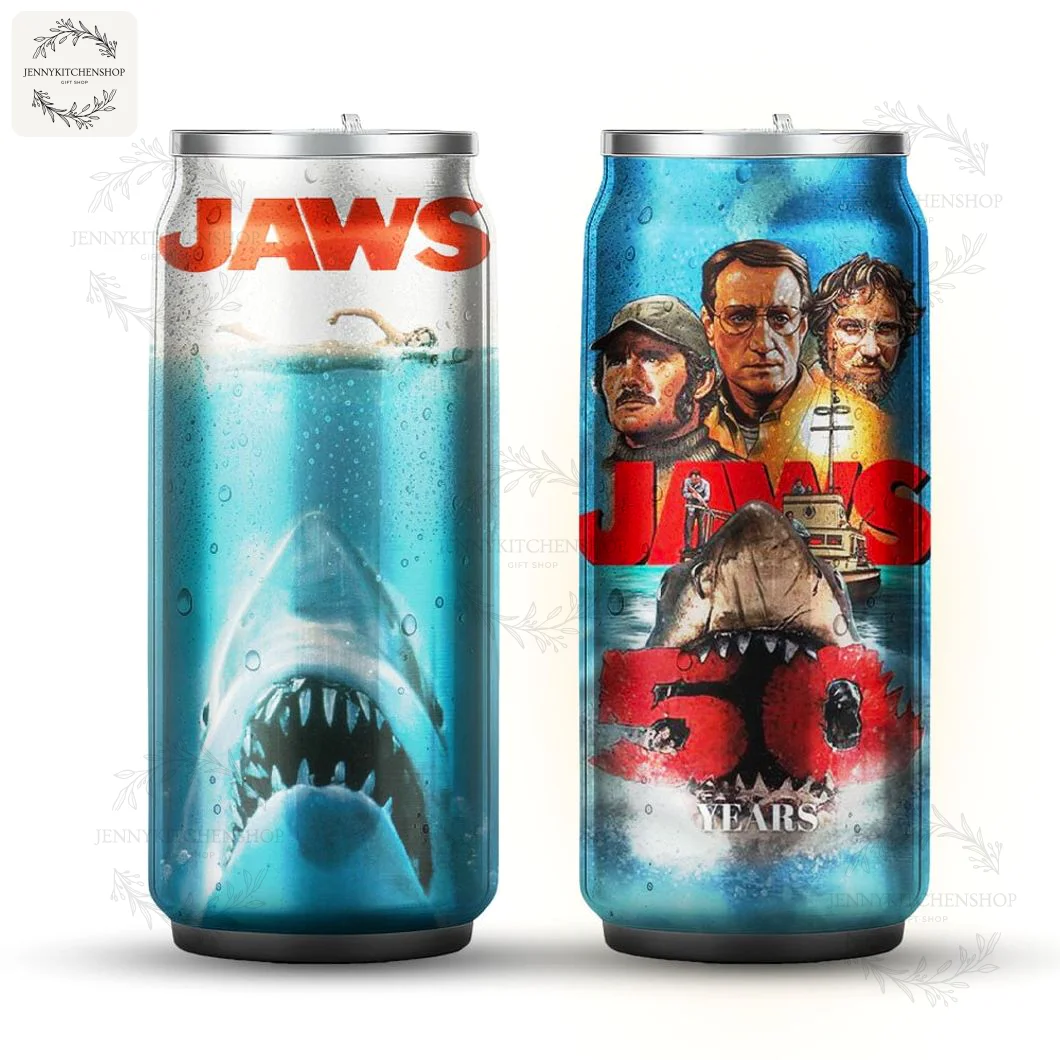 Isolated product shot of the Jaws 50 Years can-shaped tumbler, showing both the front and back designs on a white background.