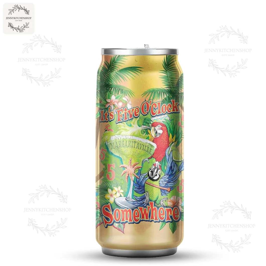 Front View of Jimmy Buffett "It's Five O'Clock Somewhere" Tumbler Front view of the Jimmy Buffett Margaritaville can-shaped tumbler with its tropical "It's Five O'Clock Somewhere" design.