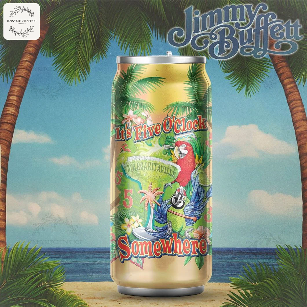 The Jimmy Buffett "It's Five O'Clock Somewhere" can-shaped tumbler sitting on a sandy beach between two palm trees.
