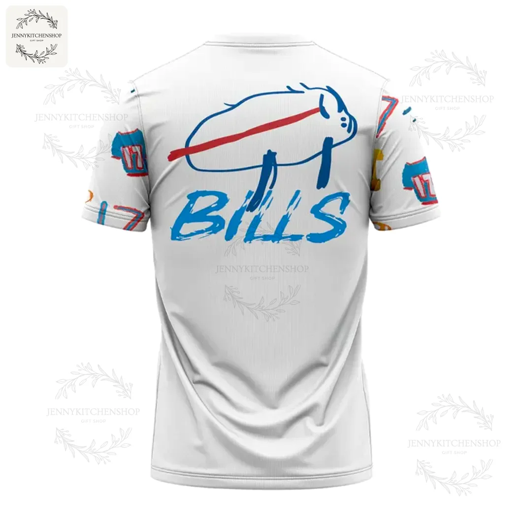 Back View of the Josh Allen Buffalo Bills Billustration T-Shirt The back of the Josh Allen Billustration t-shirt, showing the iconic hand-drawn buffalo logo and the word 'BILLS' in blue.