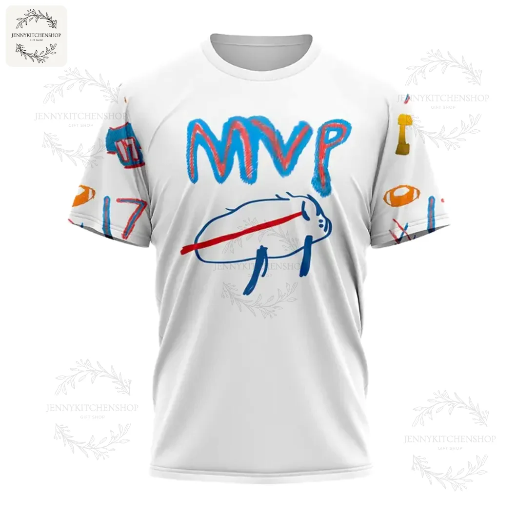 A front-on view of the white 3D t-shirt for Buffalo Bills fans, with the Josh Allen 'MVP' and buffalo doodle design on the chest.