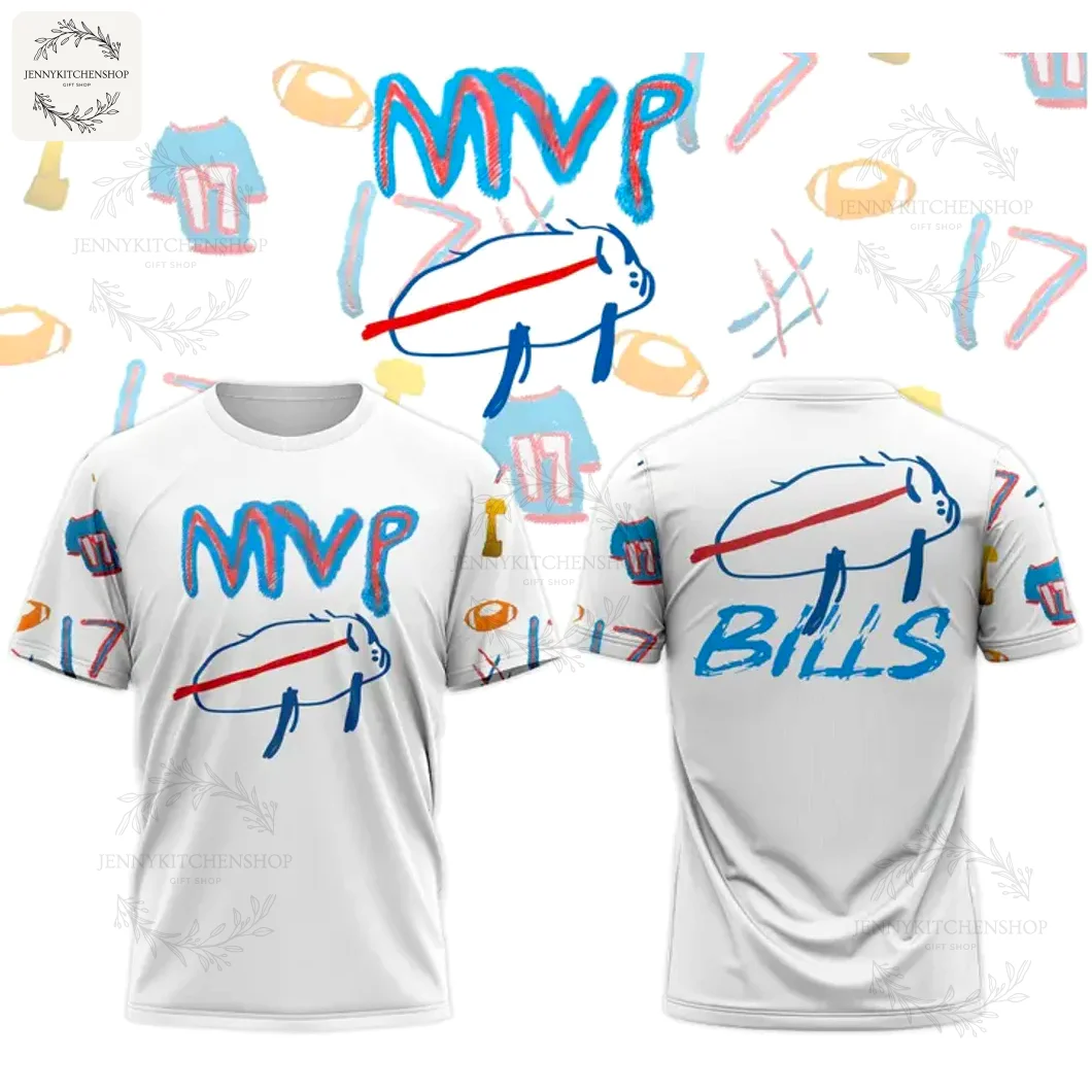 Front and back view of the Josh Allen Billustration T-shirt featuring a child-like drawing of a buffalo, MVP, and Bills text.