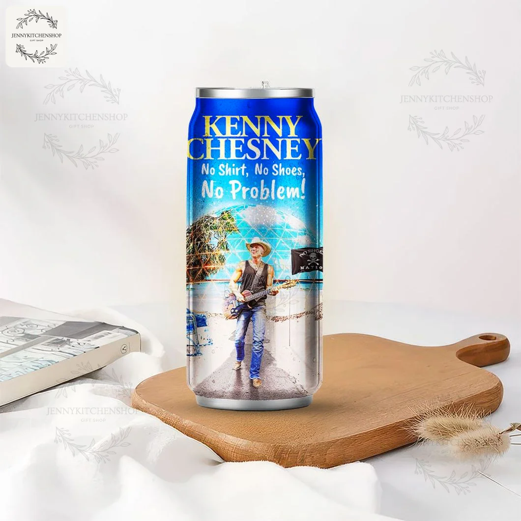 Kenny Chesney Can Shaped Tumbler in a Home Setting The Kenny Chesney "No Shirt, No Shoes, No Problem!" can tumbler sitting on a wooden board in a lifestyle setting.