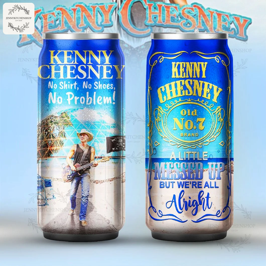 A front and back view of the Kenny Chesney can shaped tumbler against a light blue graphic background.