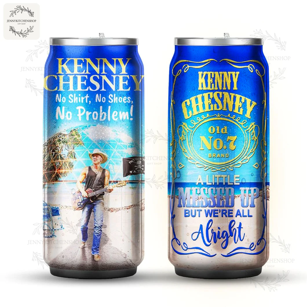 Two Kenny Chesney can tumblers on a white background showing the front graphic and the back lyric design.