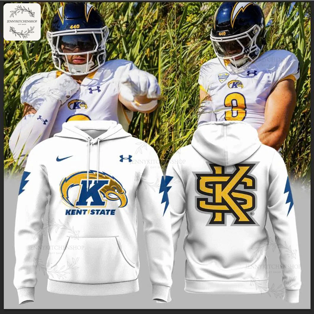 Front view of a white Kent State hoodie featuring the Golden Flashes logo and blue and gold accents.