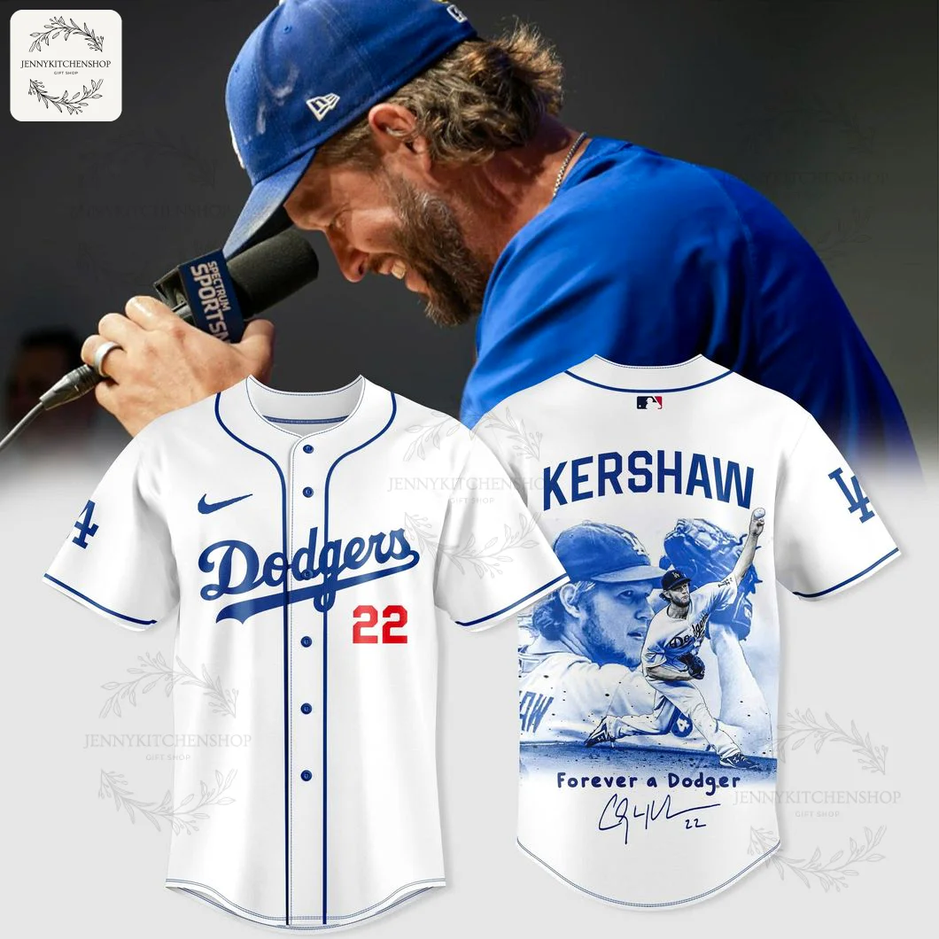 Front and back view of a white Los Angeles Dodgers jersey for Clayton Kershaw, featuring his number 22 and a graphic on the back.