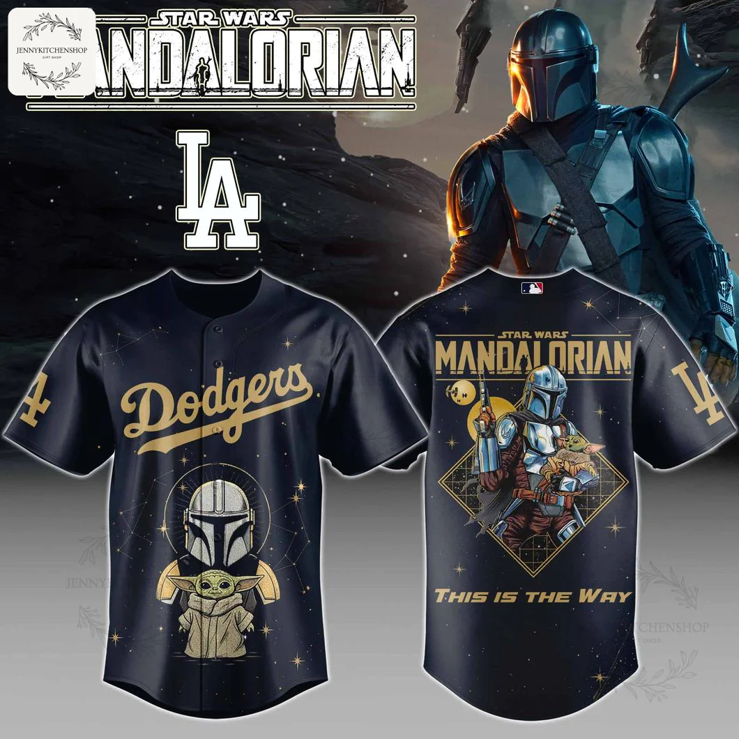 Promotional image showing the front and back of the LA Dodgers x Mandalorian Grogu jersey, featuring character graphics.