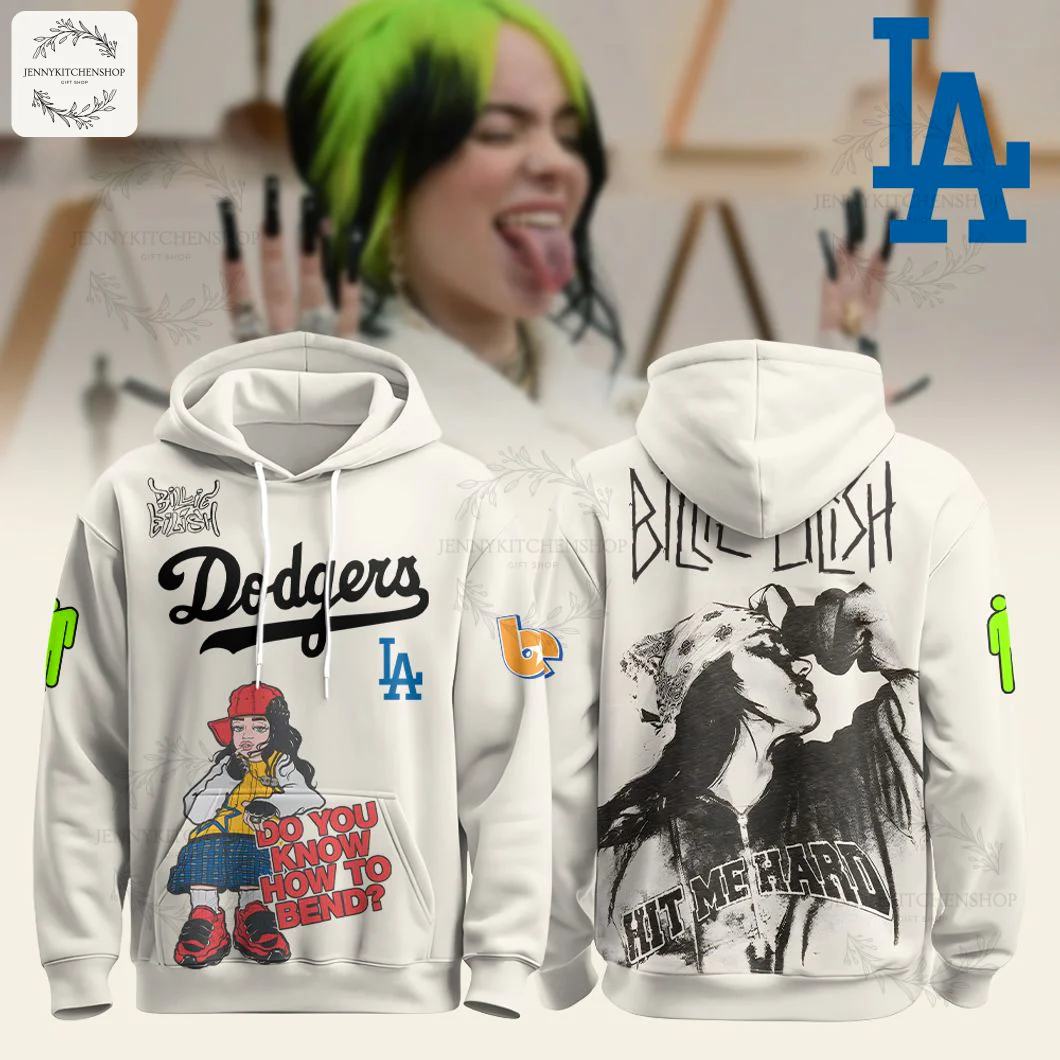 Front and back view of the white Los Angeles Dodgers x Billie Eilish collaboration hoodie featuring album-inspired graphics.