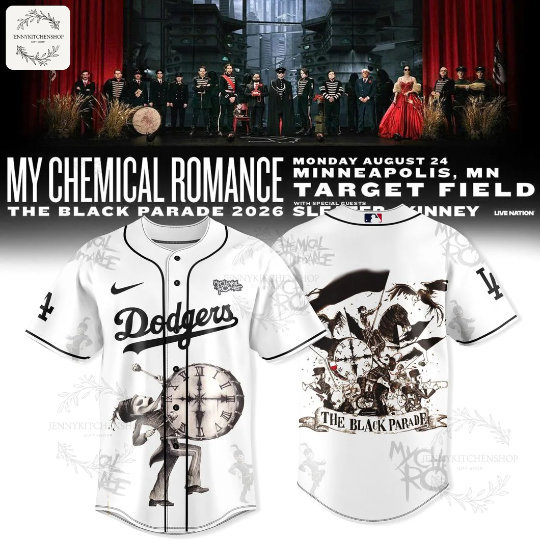 Front and back view of the white Los Angeles Dodgers x My Chemical Romance baseball jersey with "The Black Parade" album artwork.
