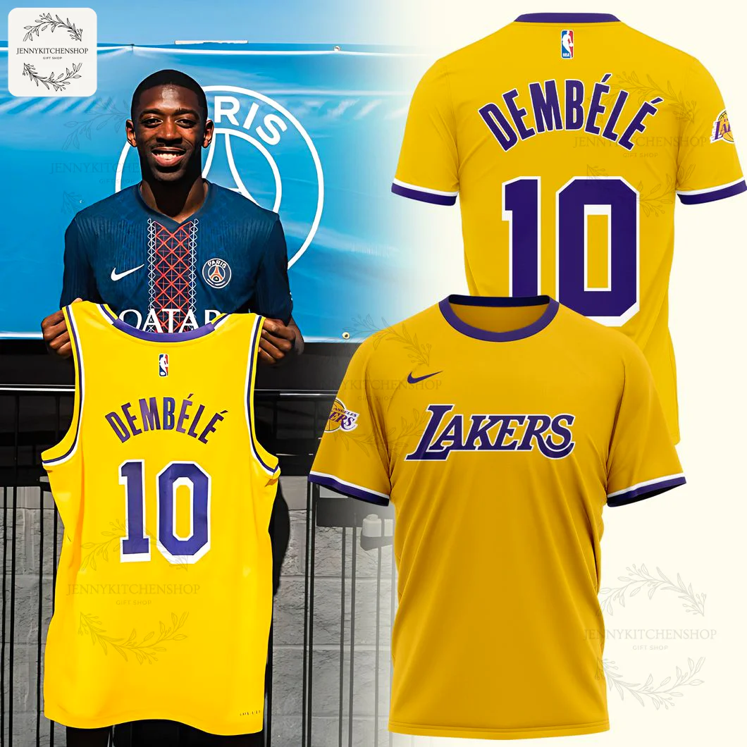 Yellow Lakers x Dembele limited edition T-shirt with bold purple lettering and number 10 back view.