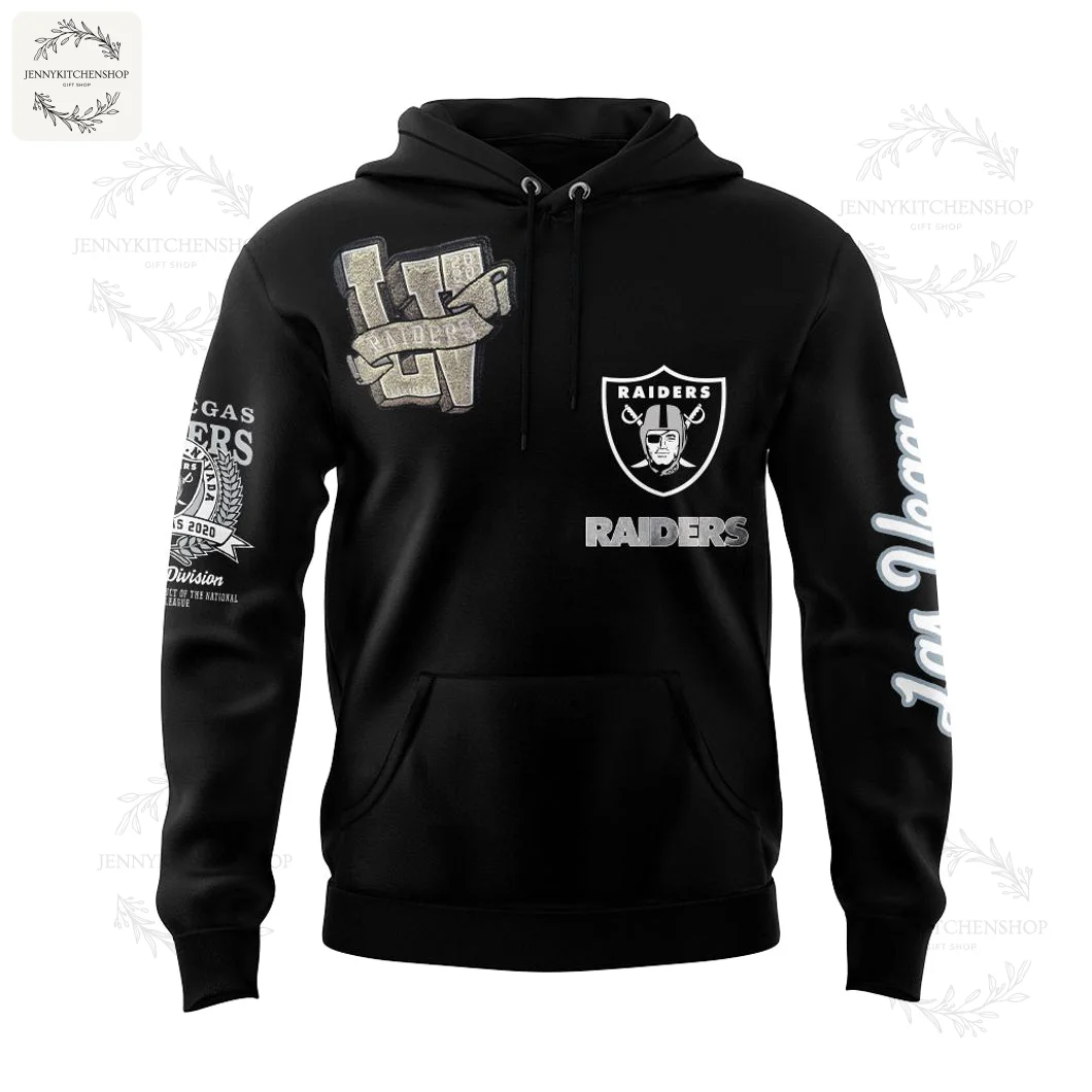 Front of the Las Vegas Raiders black hoodie showing the Raiders logo, a large LV patch, and sleeve graphics with a front pocket.