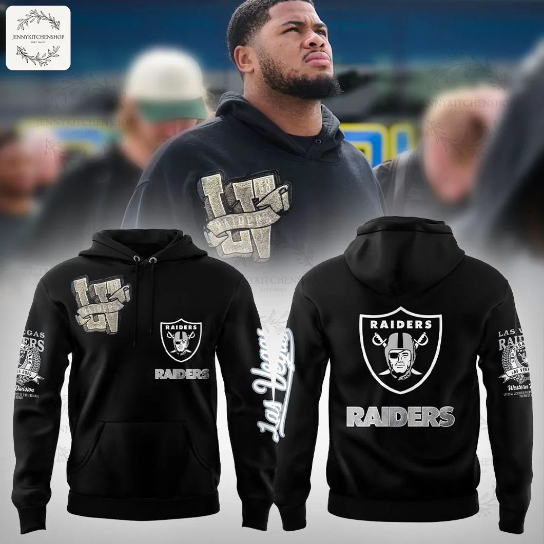 A player wearing the Las Vegas Raiders Black Campus hoodie with isolated front and back product views of the sweatshirt.