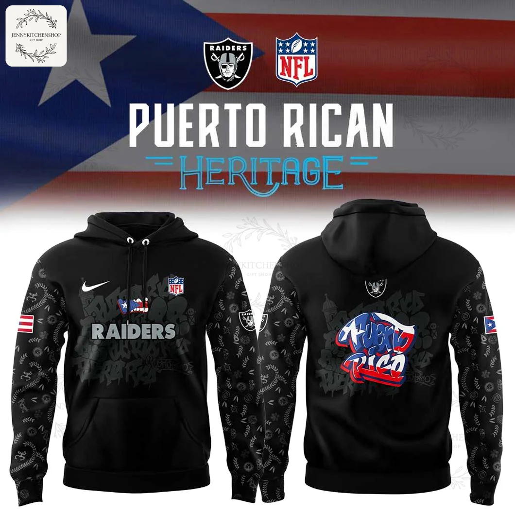 Black hoodie featuring Raiders and NFL logos with Puerto Rican heritage design elements, front view