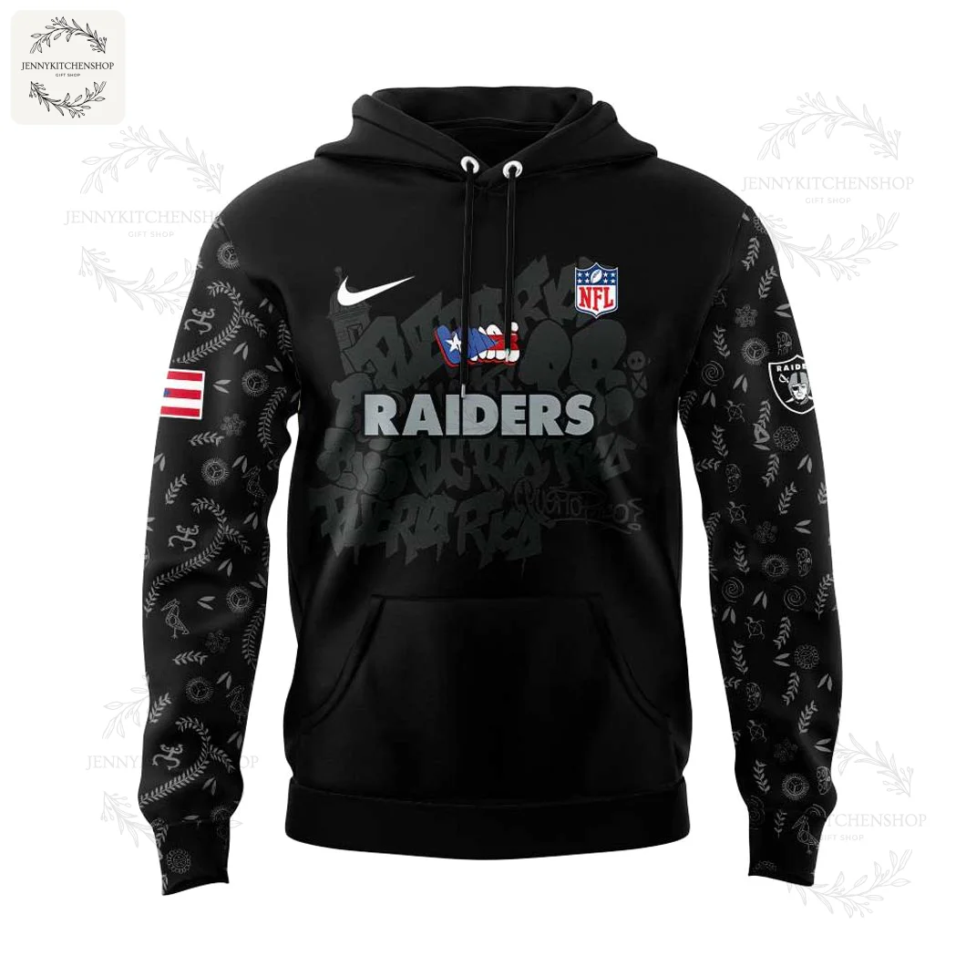 Close-up of black hoodie displaying Raiders logo and Puerto Rican flag detail on the chest and textured sleeves