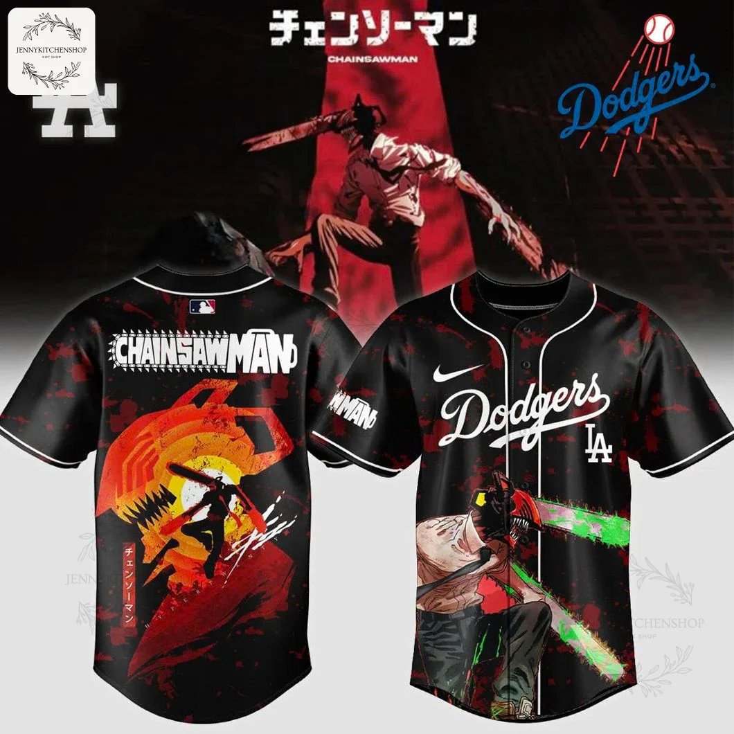 Front and back of the black Los Angeles Dodgers x Chainsaw Man jersey, featuring anime graphics of the character on both sides.