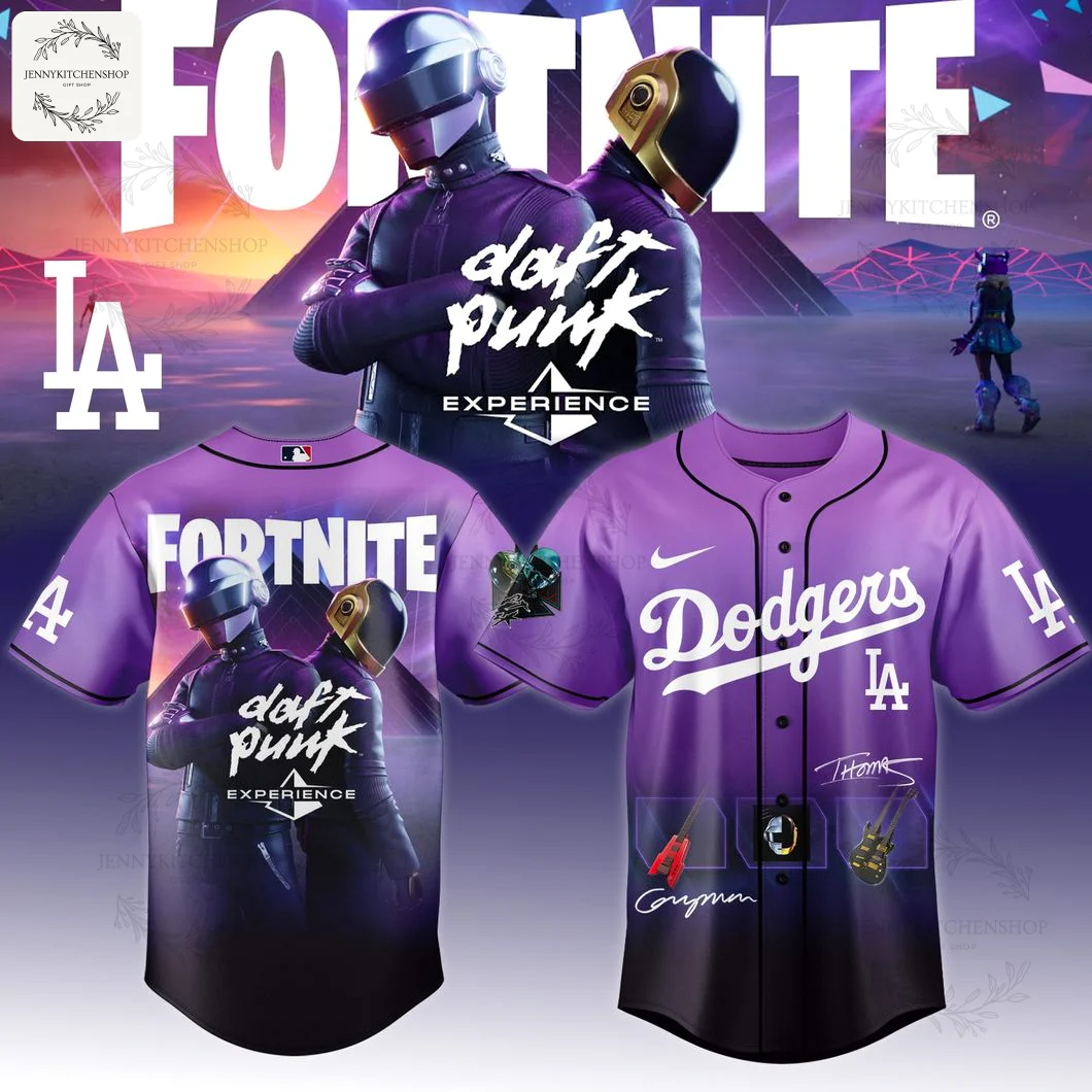 Front and back view of the purple and black LA Dodgers Fortnite x Daft Punk baseball jersey, featuring game graphics and logos.