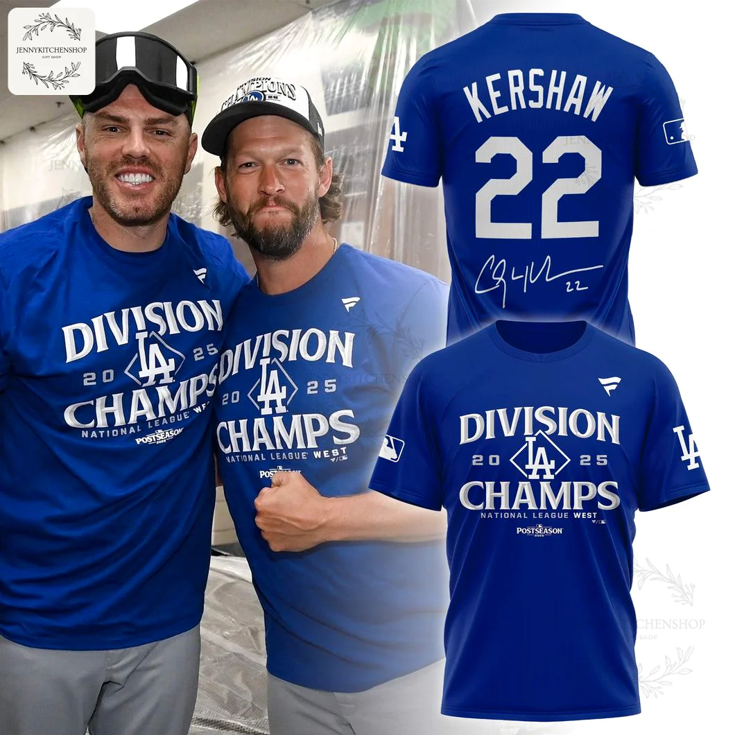 Collage showing Dodgers players celebrating in the 2025 NL West Champs shirt, plus front and back product views of the t-shirt.