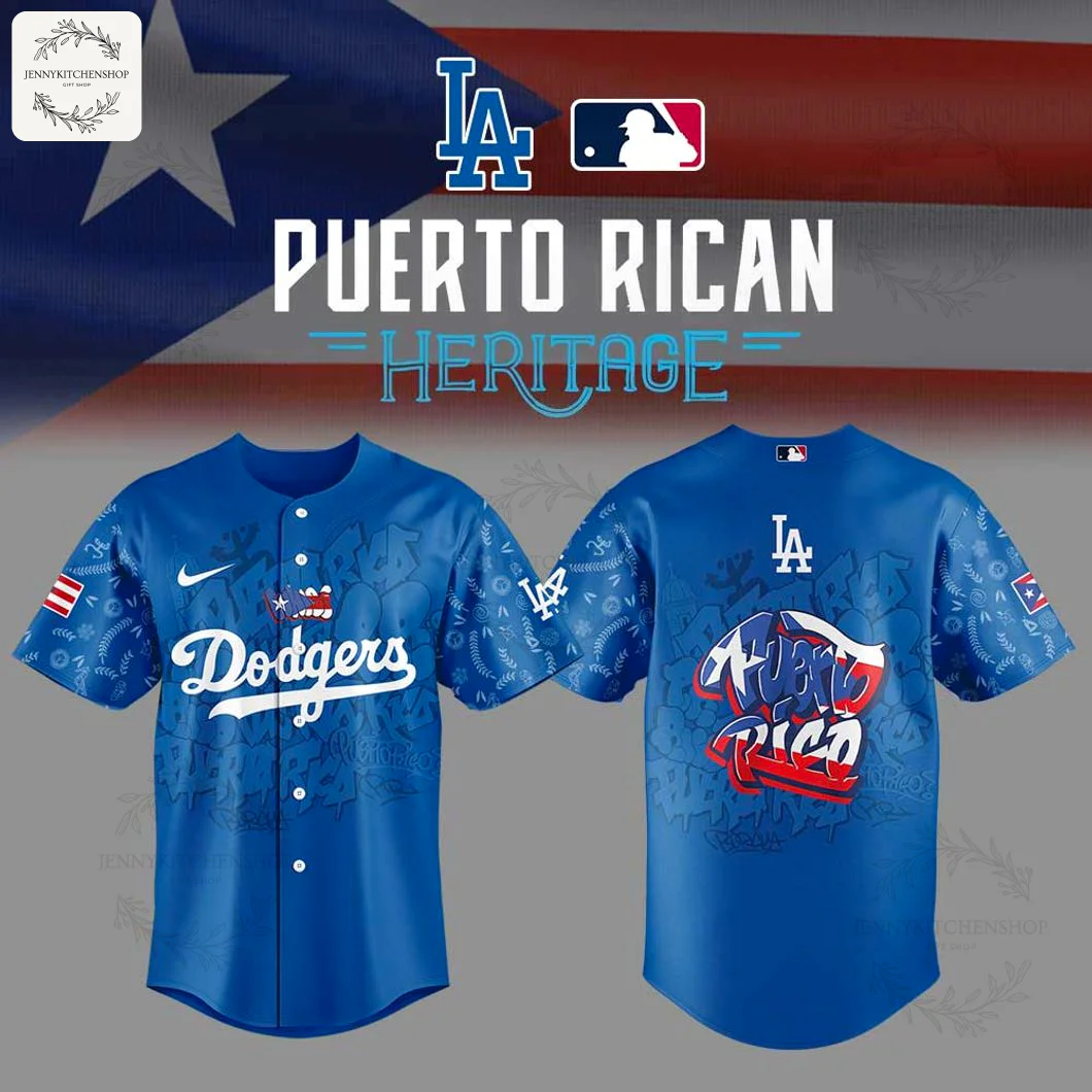 Front and back view of the Los Angeles Dodgers Puerto Rican Heritage jersey against a Puerto Rican flag background.