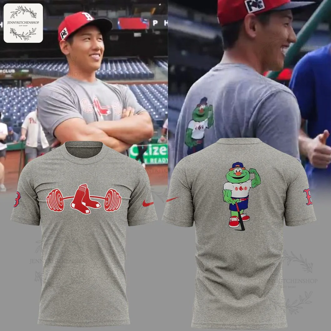Heather grey 3D t-shirt front with red Sox barbell logo across the chest and sleeve logos, back showing the green mascot holding a bat; shown against a ballpark background