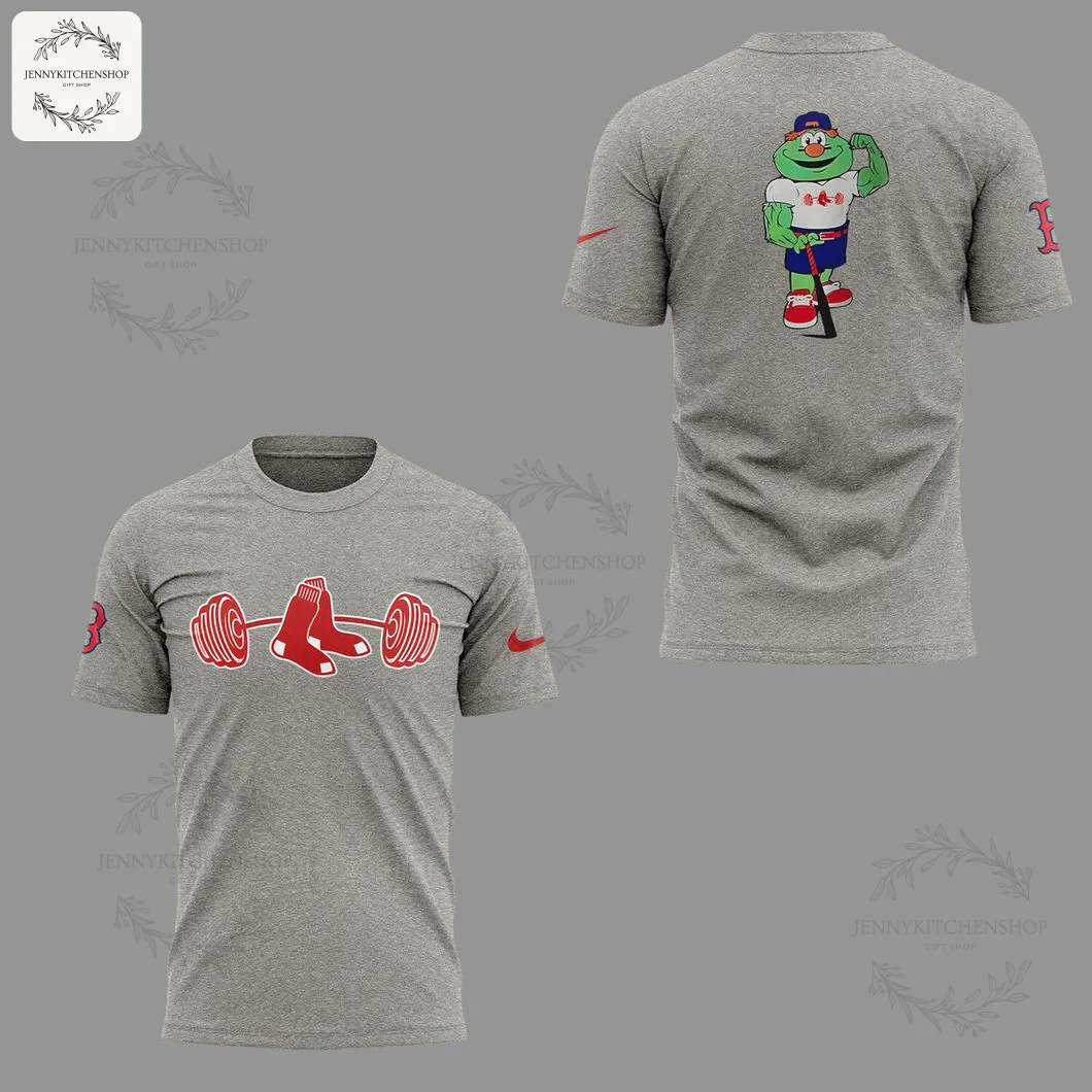 Heather grey 3D t-shirt studio mockup featuring chest barbell and red socks graphic, Nike swoosh and team "B" on sleeves, and the mascot printed on the back