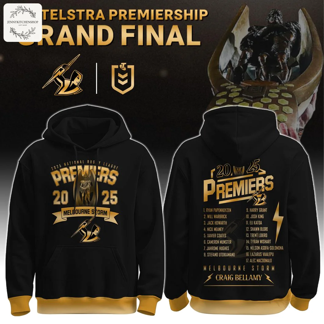 Front and back composite view of the Melbourne Storm NRL 2025 Champions Gold Hoodie with team list and trophy graphic.
