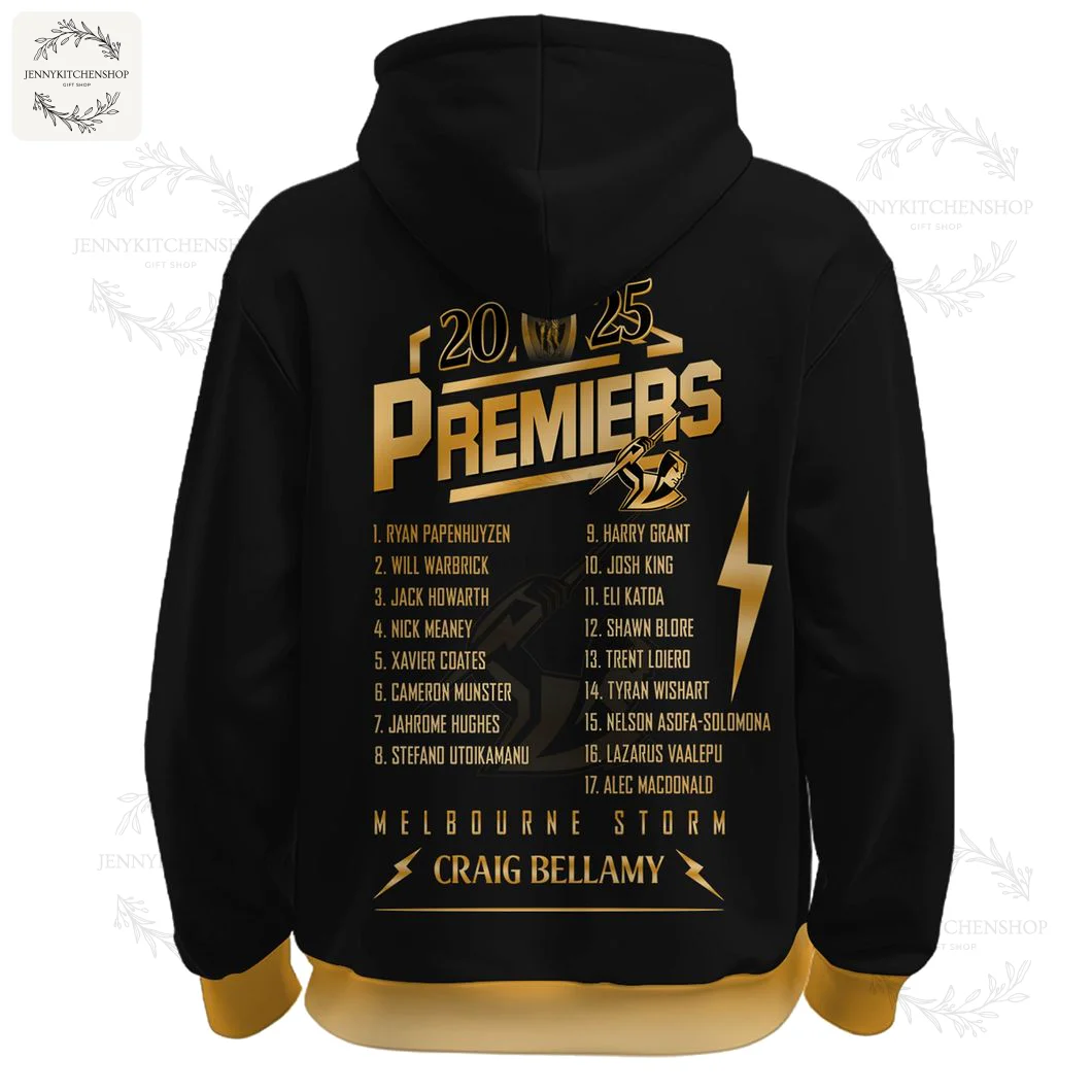 Back View of the Melbourne Storm NRL 2025 Champions Gold Hoodie Back of the Melbourne Storm 2025 NRL Premiers hoodie, featuring the full team player list and coach Craig Bellamy's name.