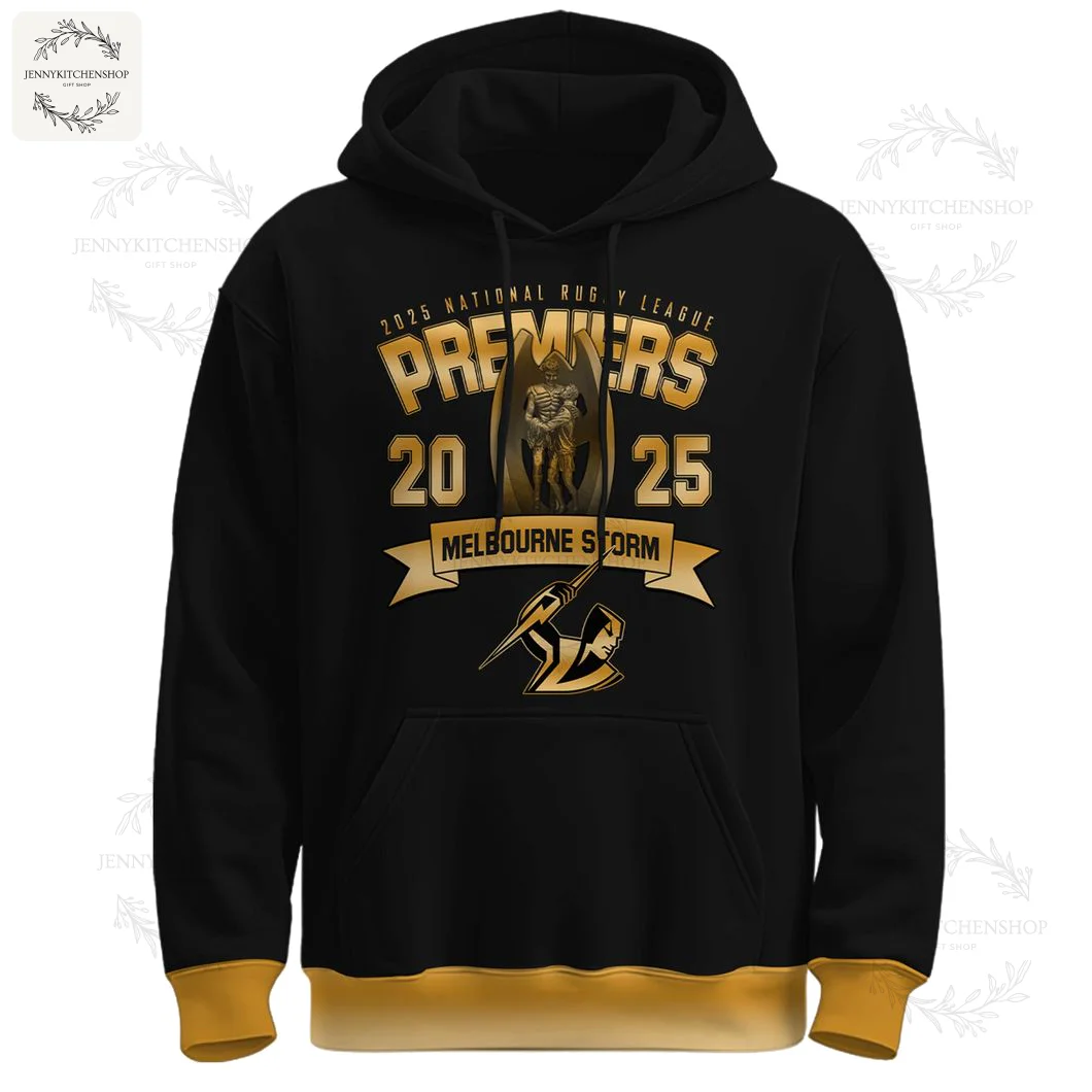 Front of the black and gold Melbourne Storm 2025 NRL Premiers hoodie, showing the championship design and team logo.