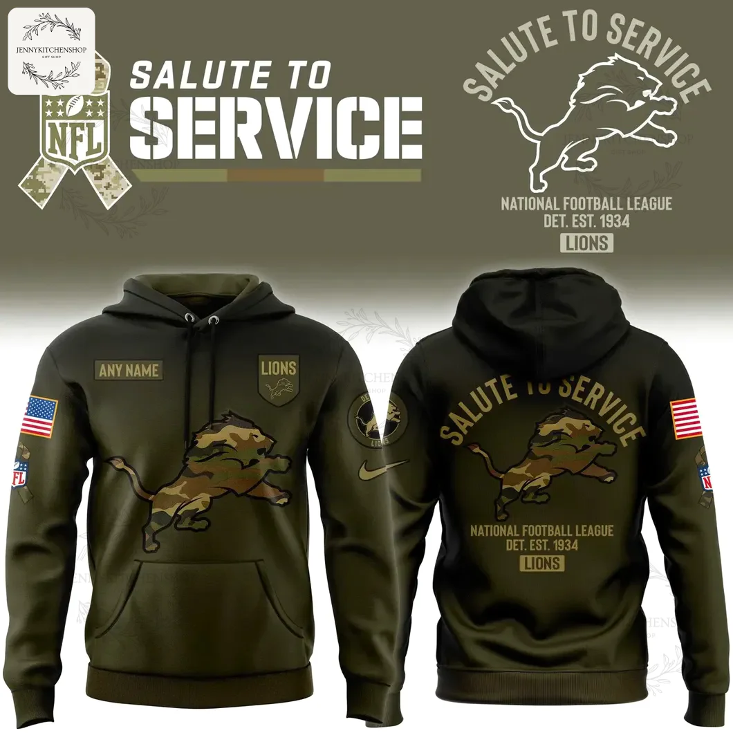 Front and back composite view of the Men's Custom Detroit Lions 2025 Salute to Service hoodie in olive green with camo logo.