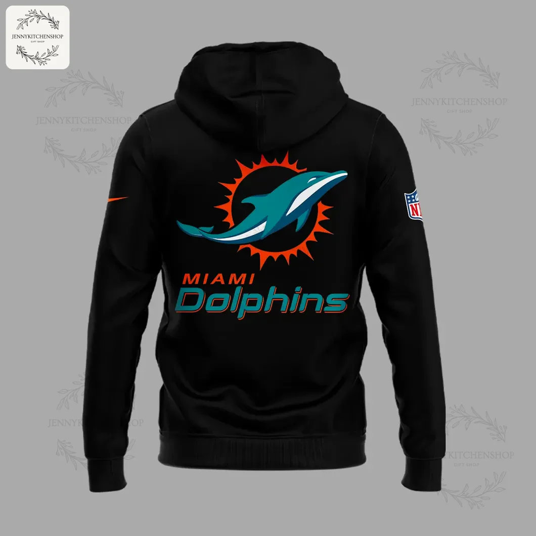Back View of the Miami Dolphins x Coach Mike McDaniel Black Hoodie Back of the black Miami Dolphins hoodie showing the large team logo and MIAMI Dolphins text across the shoulders.