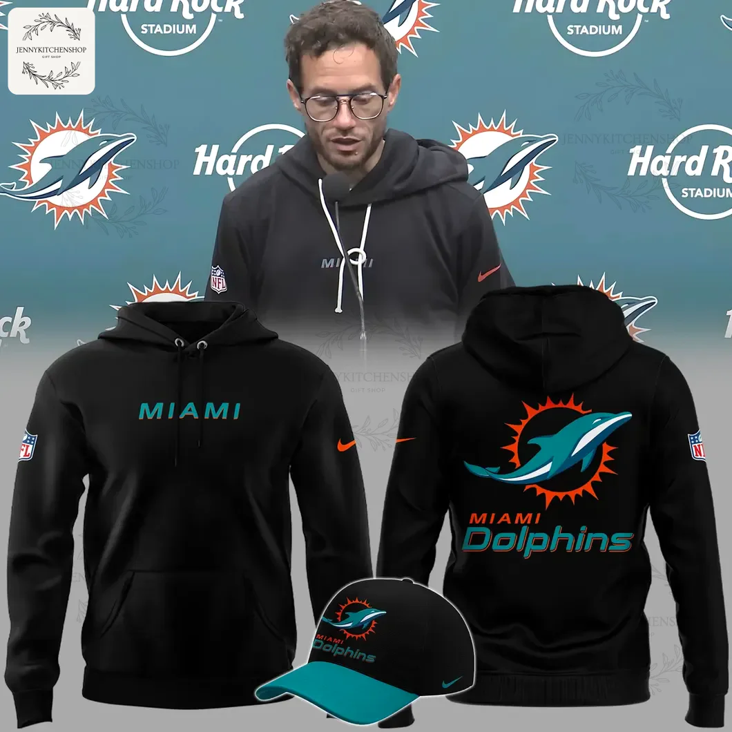 Coach Mike McDaniel wearing a black hoodie with product images of the Miami Dolphins hoodie front, back, and matching cap.