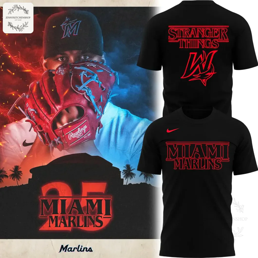 Black t-shirt design featuring red Stranger Things logo and Miami Marlins branding in a bold 3D graphic style